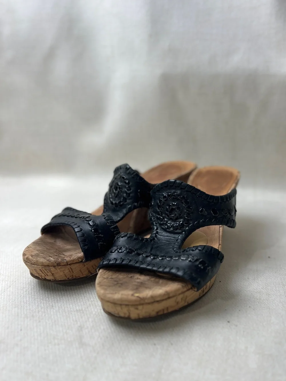 Jack Rogers Black Leather Cork Wedge Slide Sandals Women’s 6.5